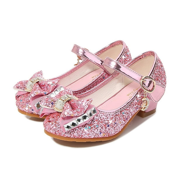 Reedbler Princess Kids Leather Shoes for Girls Flower Casual Glitter Children High Heel Girls Shoes Butterfly Knot Blue Pink Silver 